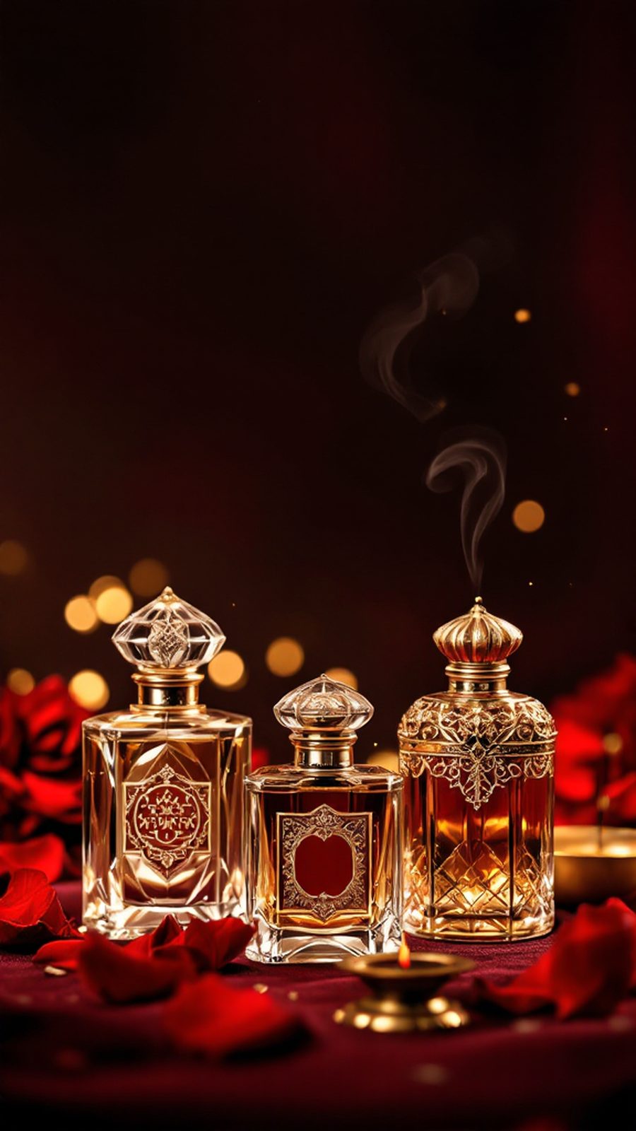Dilbar perfume and attar bottles on maroon velvet with rose petals